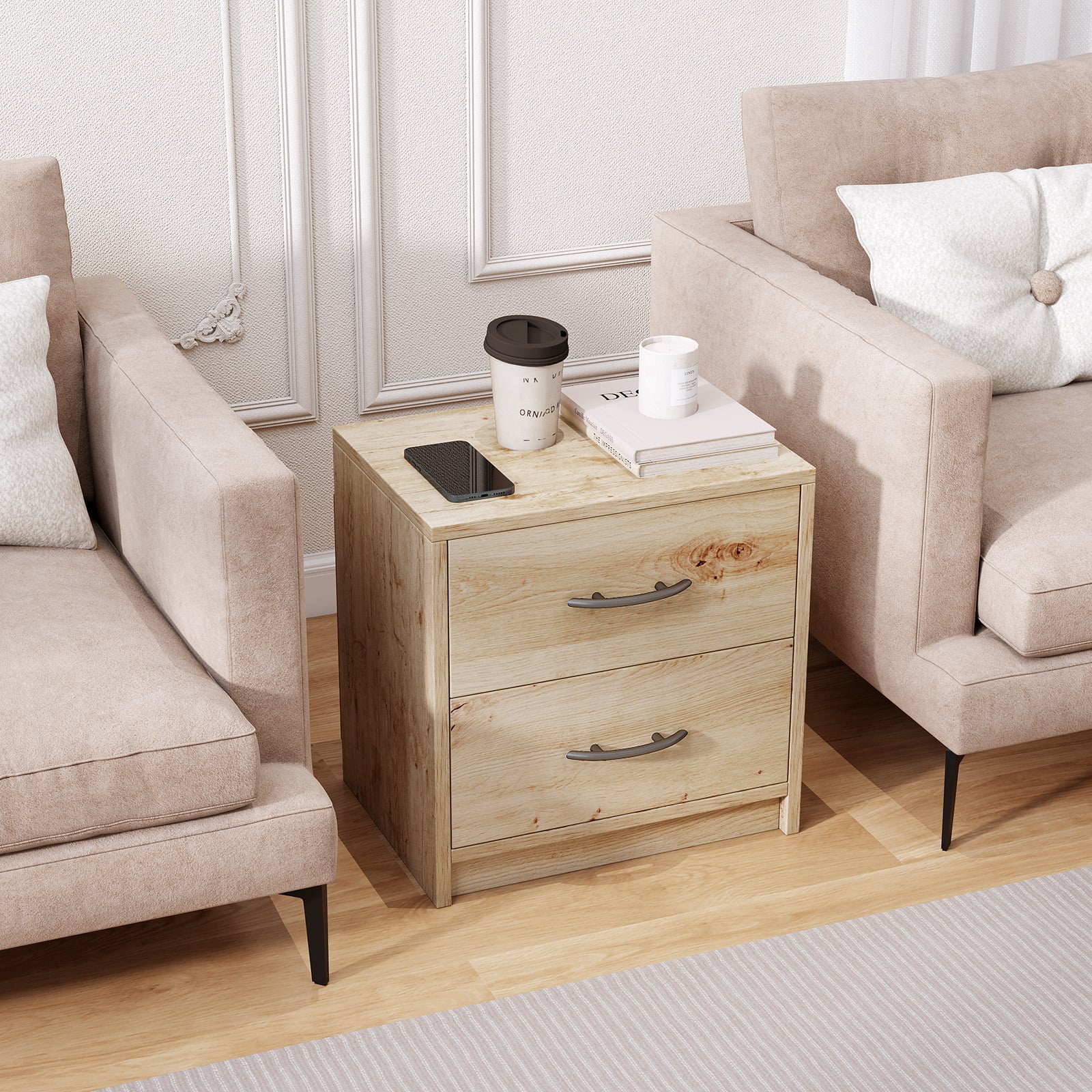 2-Drawer Nightstand with Storage for Living Room Bedroom-Oak