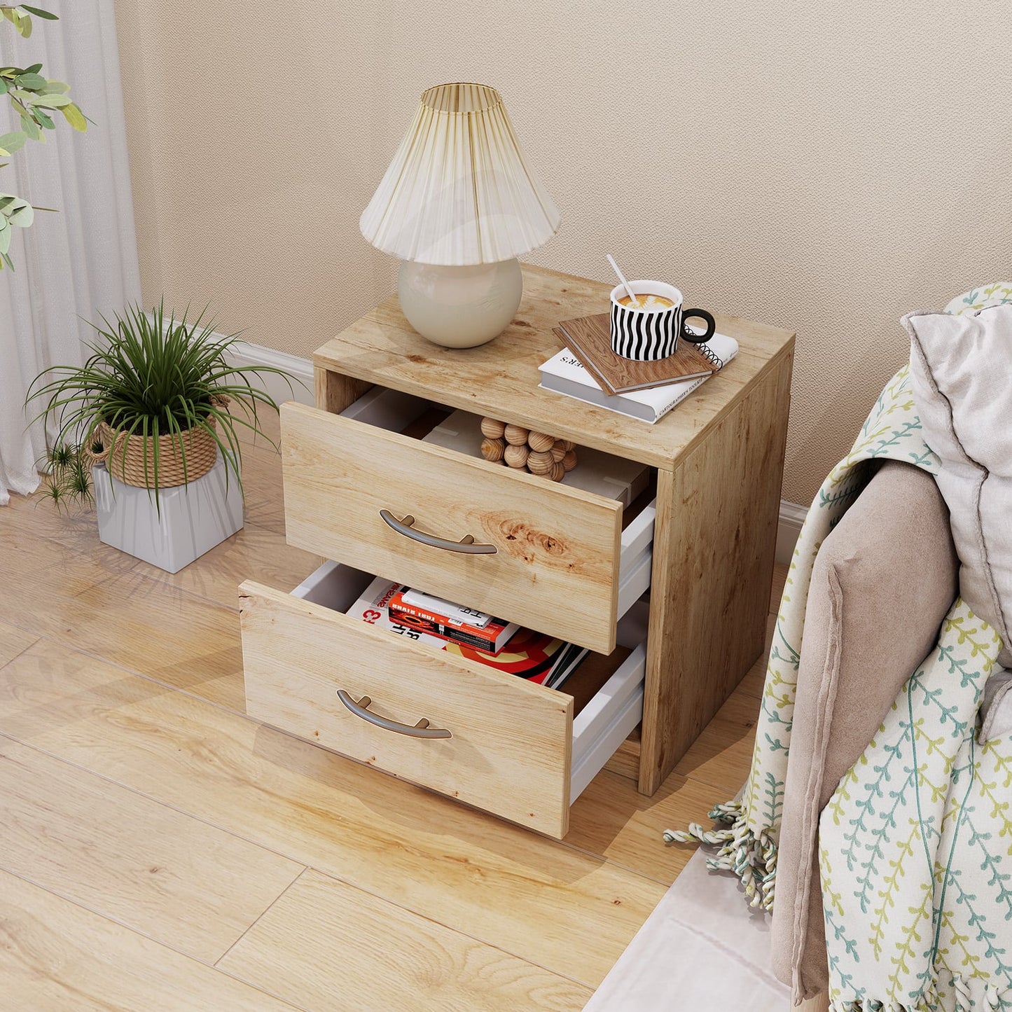 2-Drawer Nightstand with Storage for Living Room Bedroom-Oak