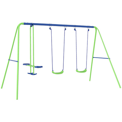Outsunny Metal Garden Swing Set Height Adjustable Children Outdoor Backyard Play Set for Toddlers Over 3 Years Old, Green