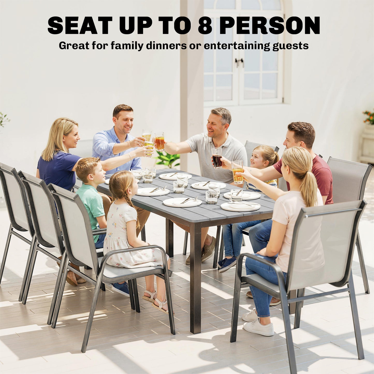 Outsunny Garden Dining Table for 6-8 Person, 180 x 86 cm Rectangular Outdoor Dining Table with Wood Slatted Top, Grey