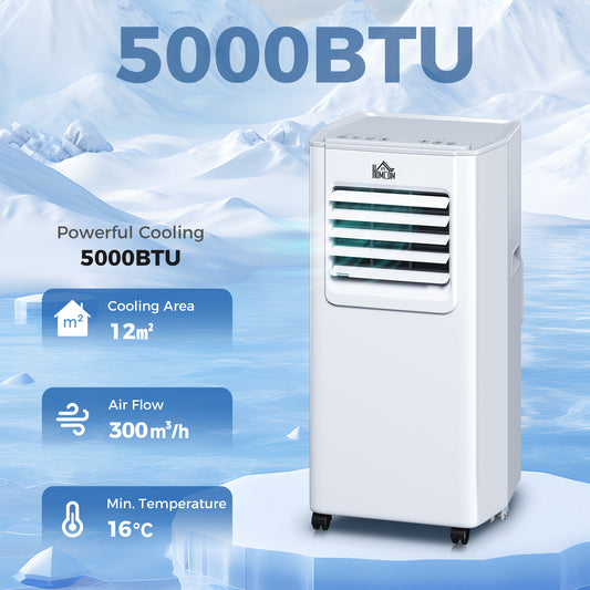 HOMCOM 5000 BTU Portable Air Conditioner, 4-in-1 Air Conditioning Unit, Dehumidifier, Cooling, Fan, Sleep Mode, with Remote Control, 2 Speeds, 24H Timer, Window Venting Kit, 12m²