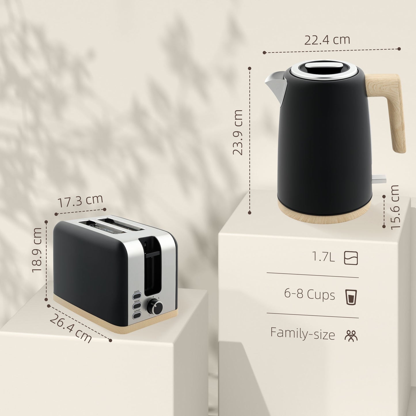 HOMCOM Stainless Steel Kettle and Toaster Set, 1.7L 3000W Fast Boil Kettle & 2 Slice Toaster Kitchen Set with 7 Level Browning Controls, Defrost, Reheat, Auto Off, Boil-dry Protection, Black