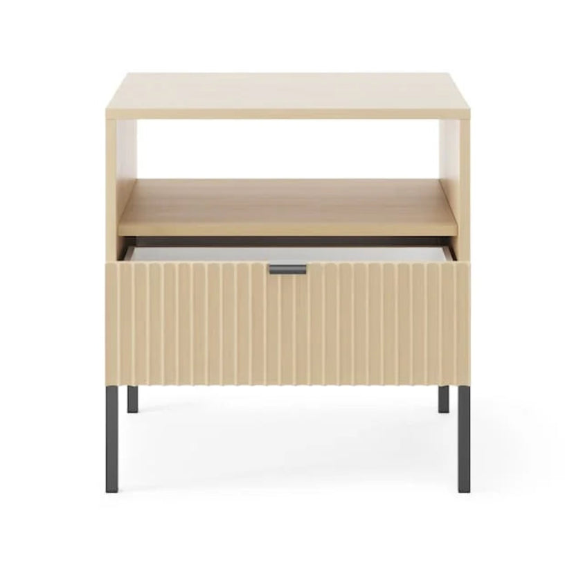 Wooden side table with a drawer on a white background