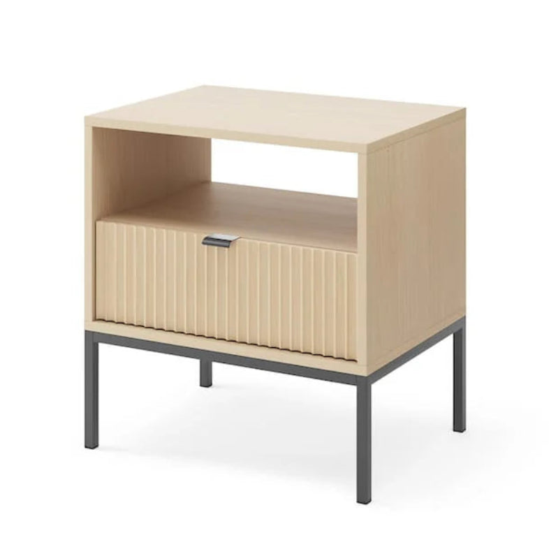 Beige side table with a drawer on a white background