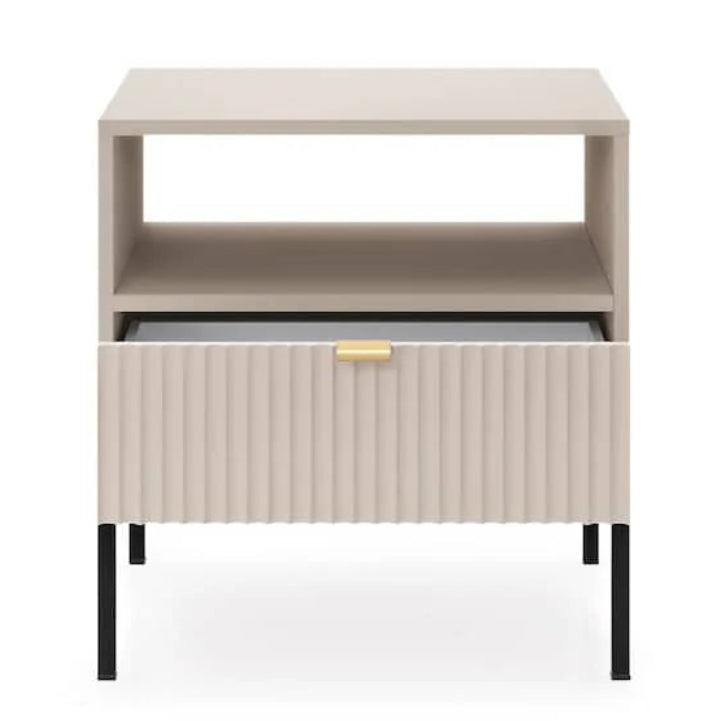 Beige side table with a drawer on a white background