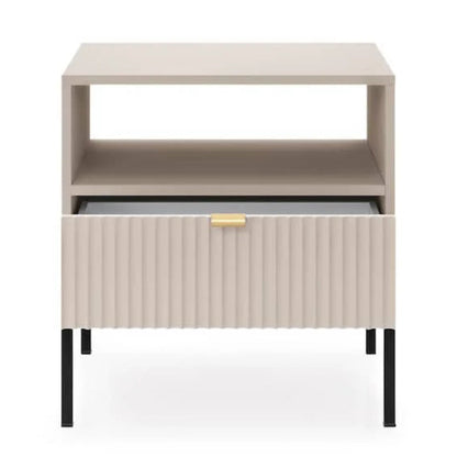 Beige side table with a drawer on a white background