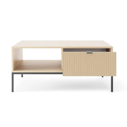 Modern wooden TV stand with a light finish on a white background