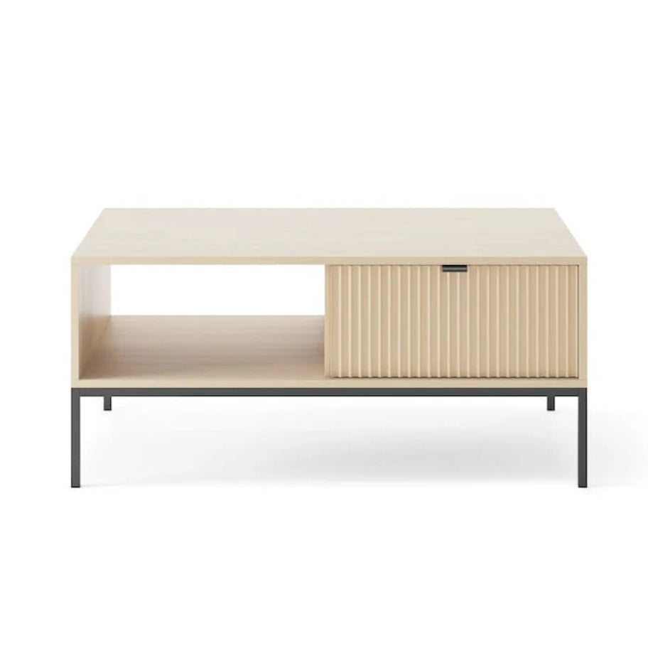 Modern coffee table with a light wood finish on a white background
