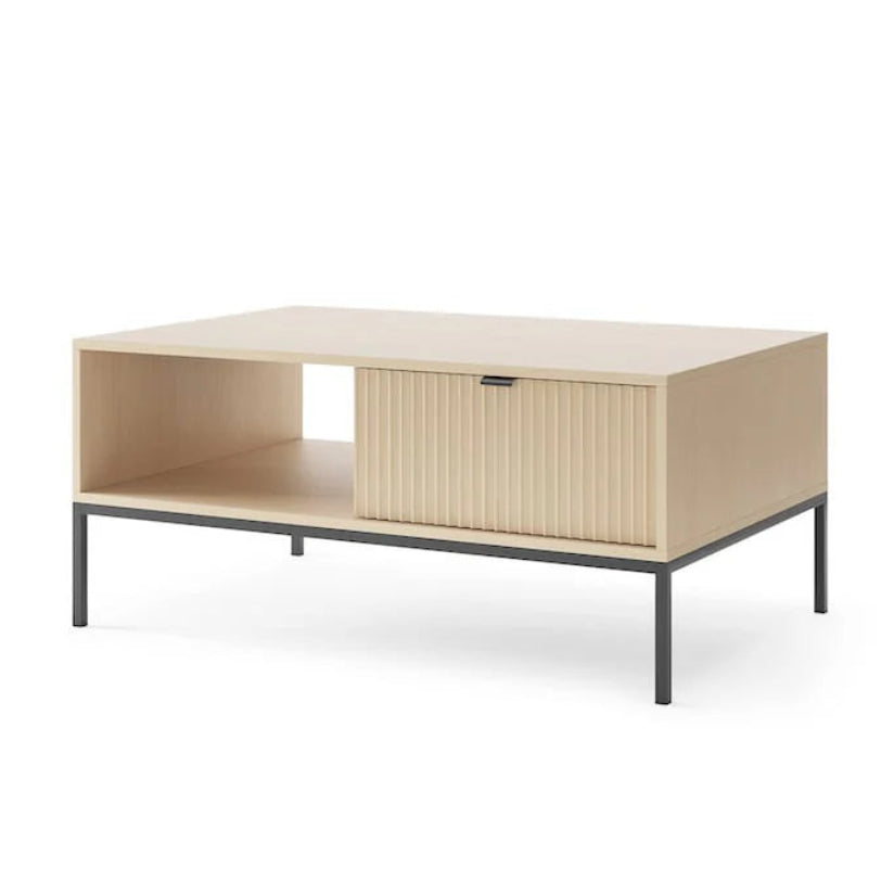 Wooden coffee table with metal legs on a white background