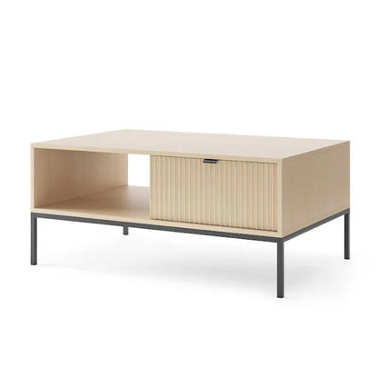 Wooden coffee table with metal legs on a white background
