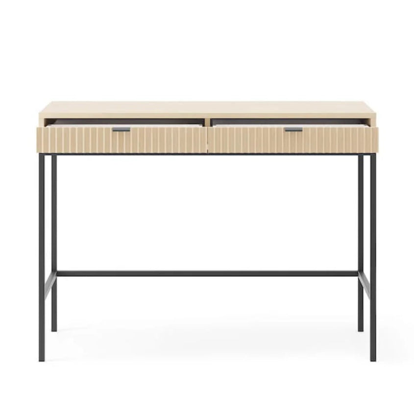 Beige console table with black legs on a white background