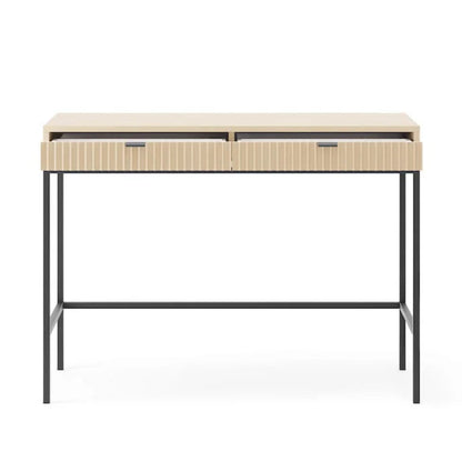 Beige console table with black legs on a white background
