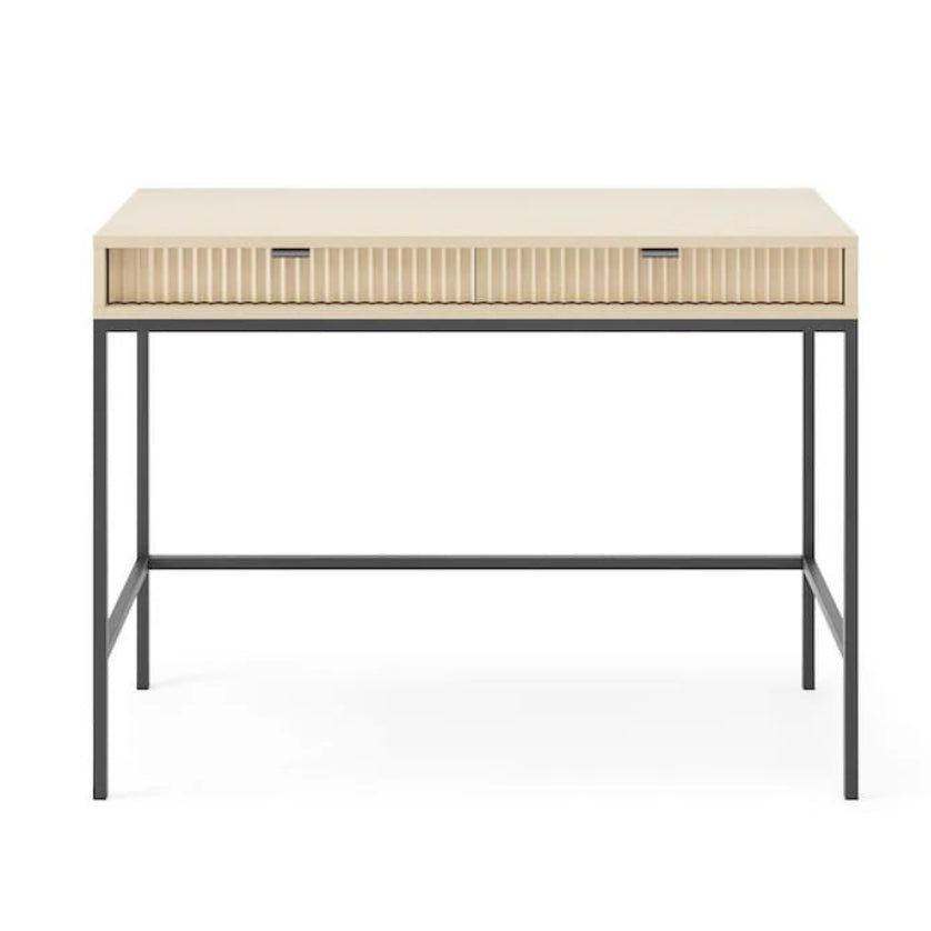 Small wooden desk with metal legs on a white background