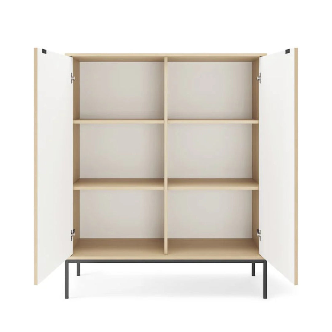 Wooden cabinet with open doors on a white background