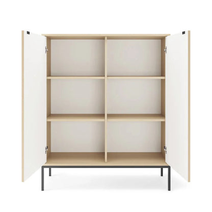 Wooden cabinet with open doors on a white background