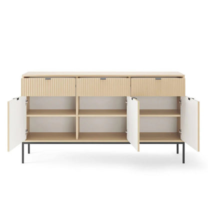 Modern sideboard with open doors on a white background