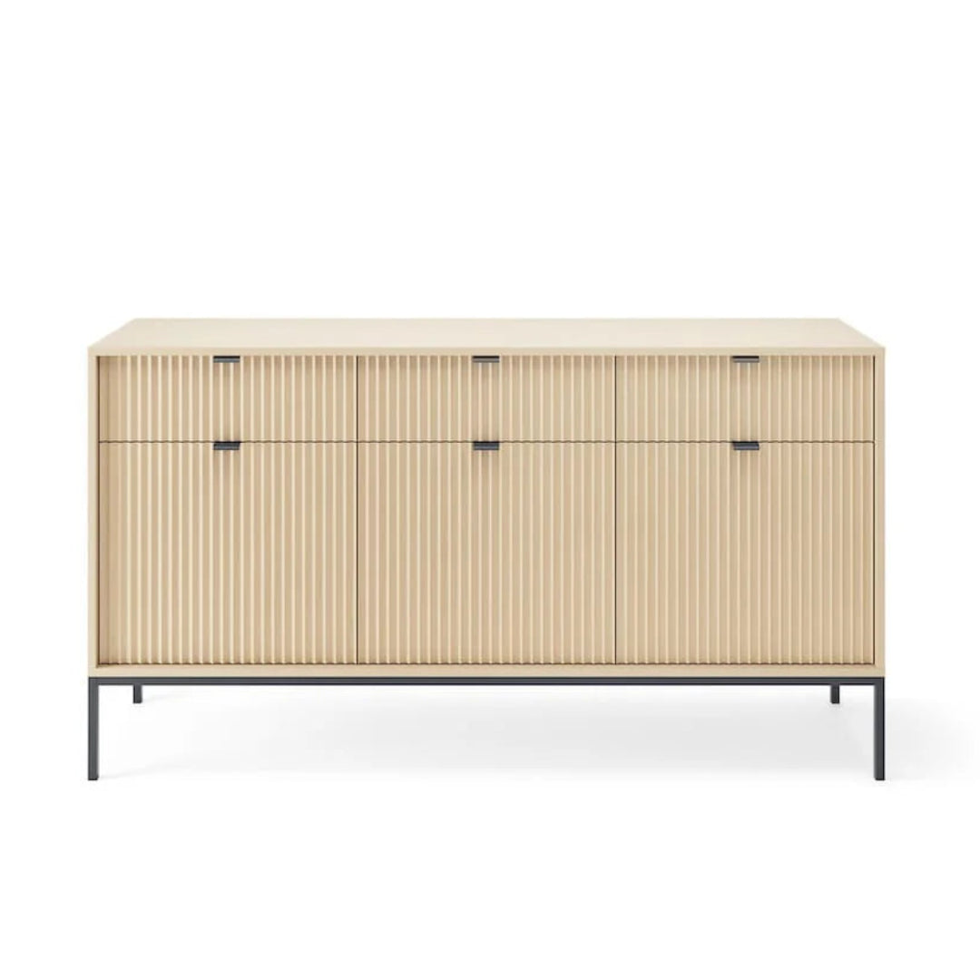 Beige sideboard with black handles on a white background