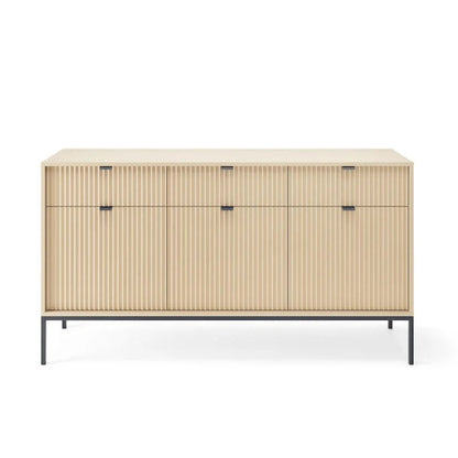 Beige sideboard with black handles on a white background
