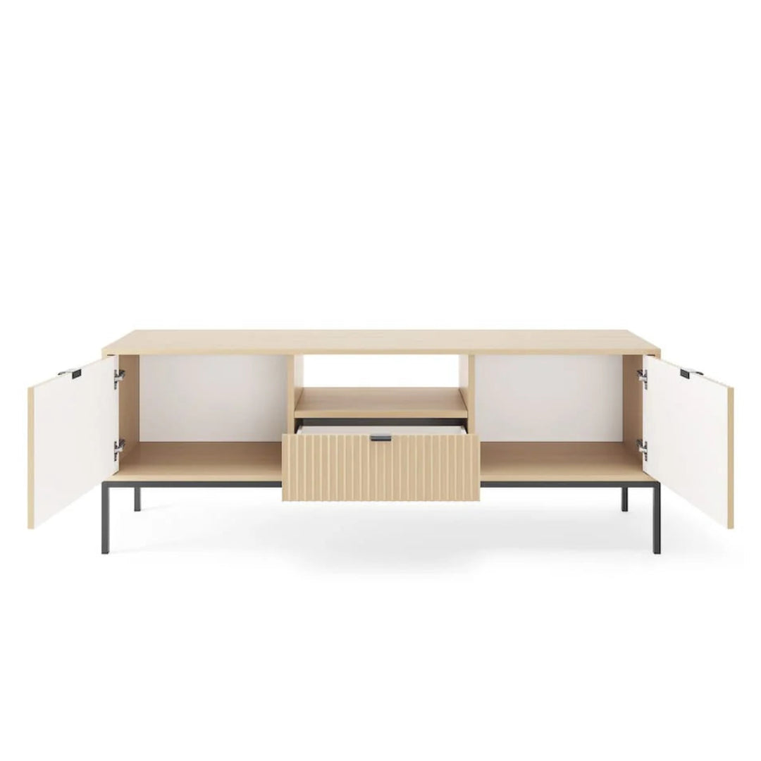 Modern wooden cabinet with open doors on a white background