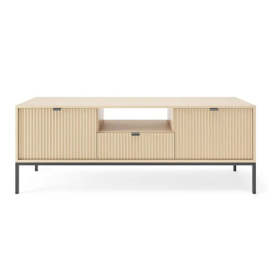 Wooden TV stand with black legs on a white background