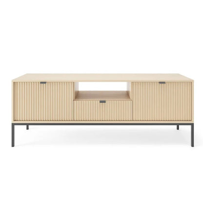 Wooden TV stand with black legs on a white background