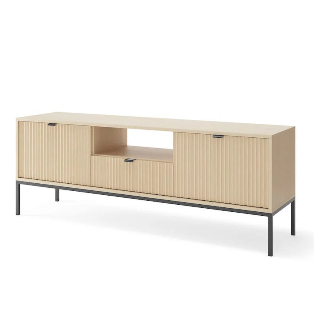 Beige entertainment console with black legs on a white background