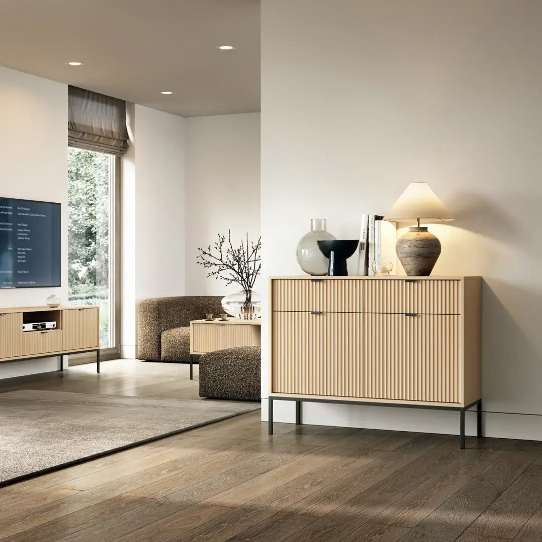 Modern living room with wooden furniture and decor