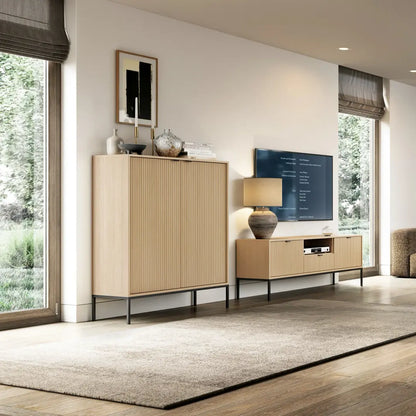 Modern living room with wooden furniture and a television.