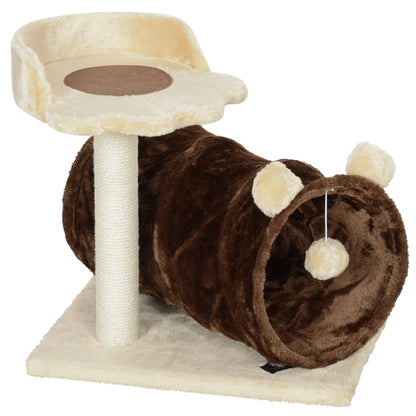 PawHut 47cm Small Cat Tree w/ Scratching Post, Bed, Cat Tunnel, Toy Ball, Dark Brown