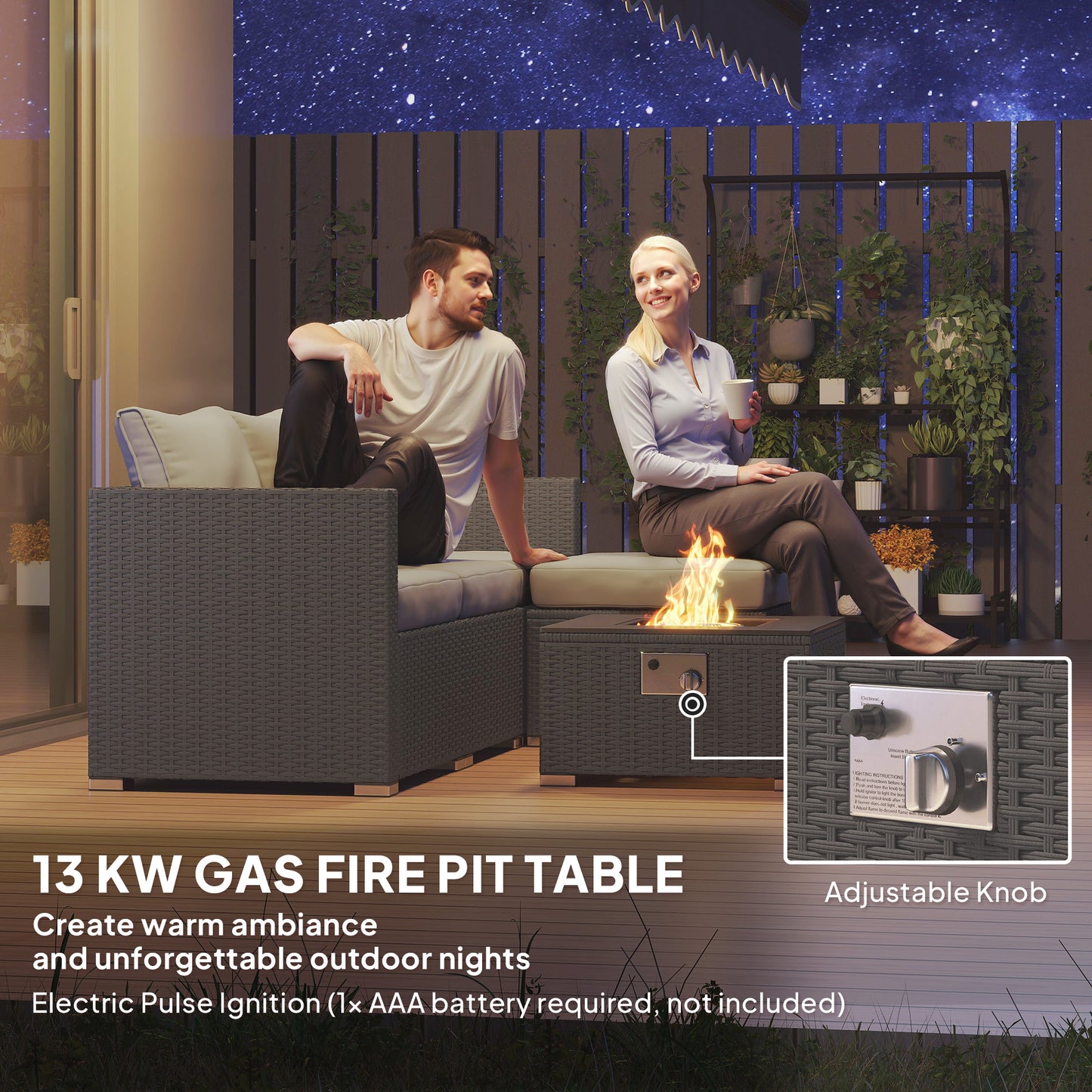 Outsunny Five Piece Rattan Garden Furniture Set with Gas Fire Pit Table and Footstool - Grey