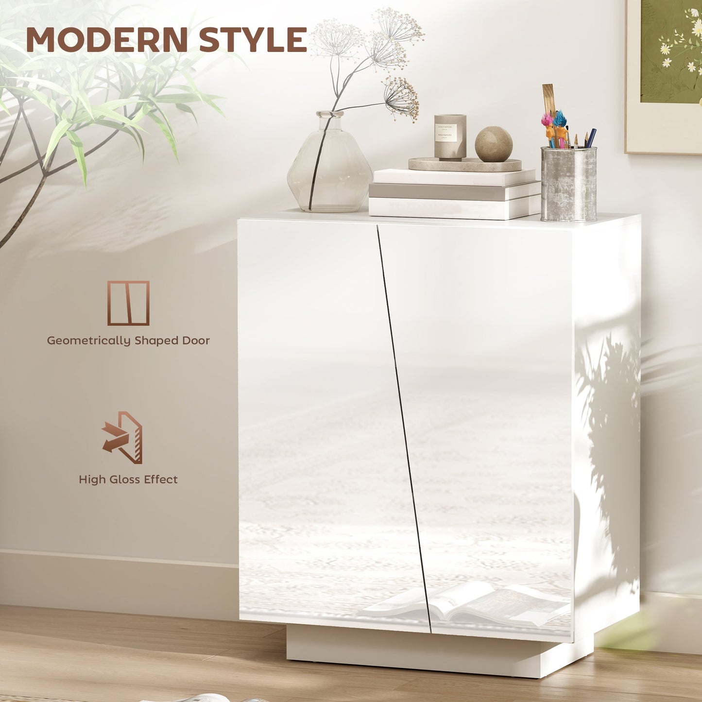 HOMCOM High Gloss Storage Cabinet, Freestanding Storage Cupboard with Adjustable Shelves for Living Room, Bedroom, Hallway, White