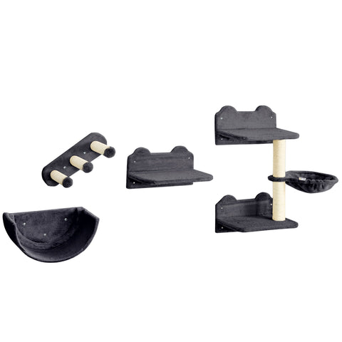 PawHut 4PCs Wall-Mounted Cat Shelves w/ Scratching Post, Hammock, Nest - Dark Grey