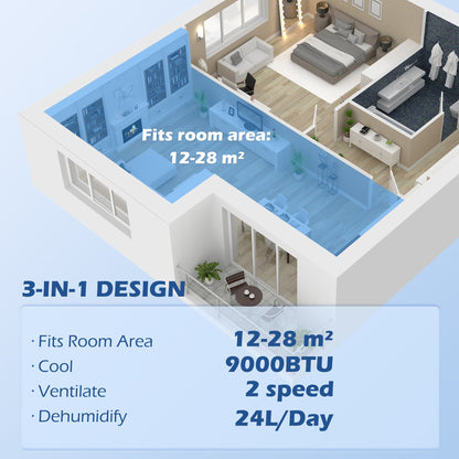 HOMCOM 9,000 BTU Mobile Air Conditioner for Room up to 28m√Ç¬≤, with Dehumidifier, 24H Timer, Wheels, Window Mount Kit