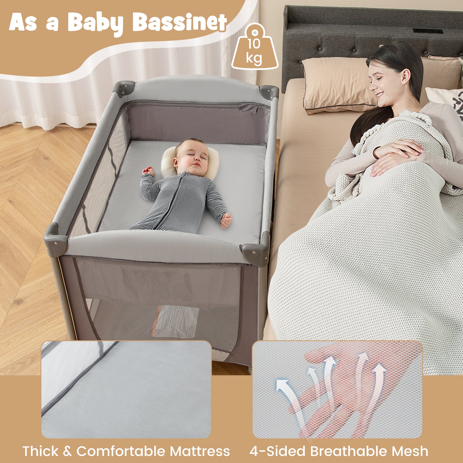 5 in 1 Portable Nursery Center with Bassinet and Cradle-Grey