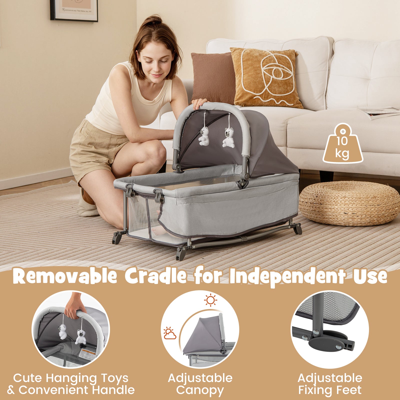 5 in 1 Portable Nursery Center with Bassinet and Cradle-Grey