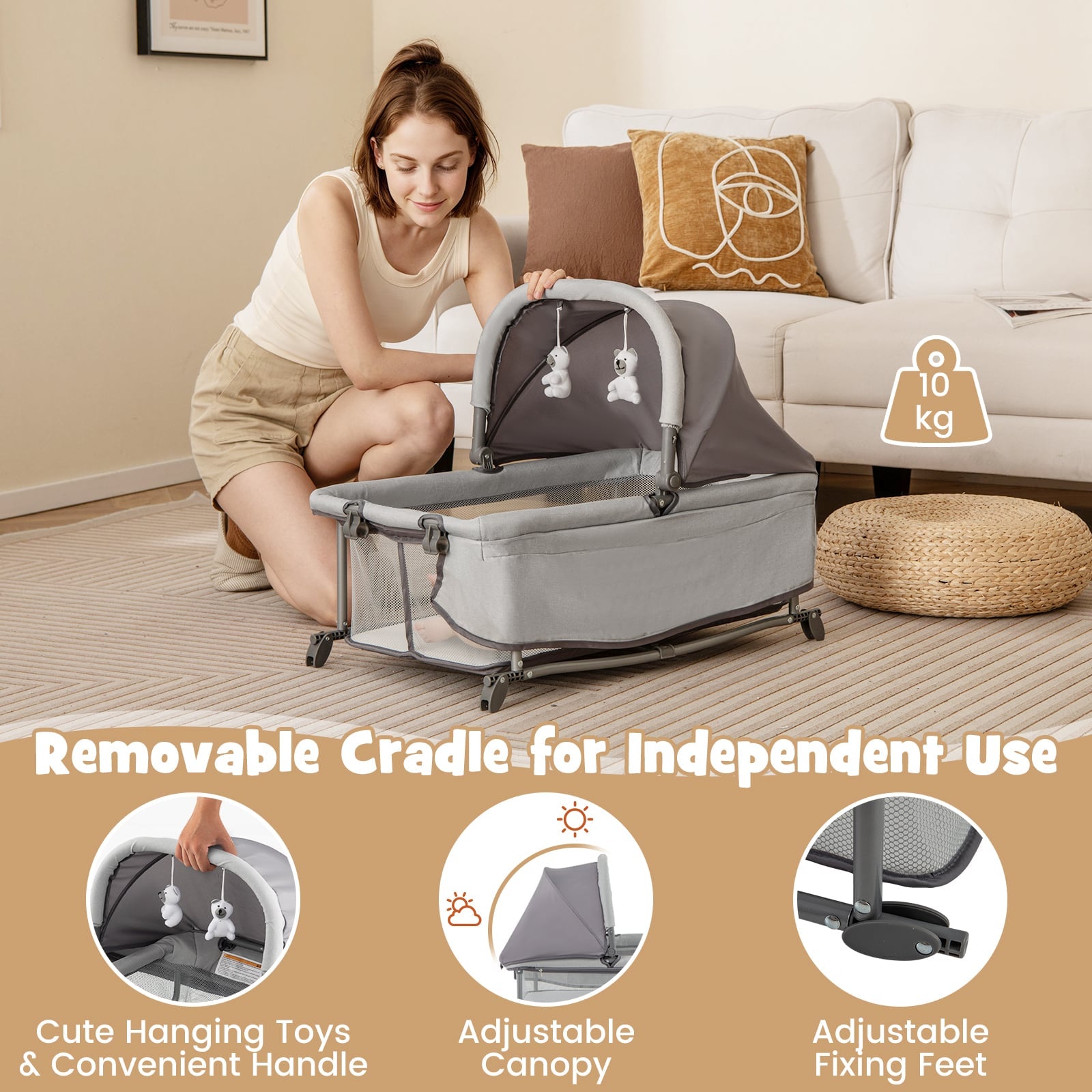 5 in 1 Portable Nursery Center with Bassinet and Cradle-Grey