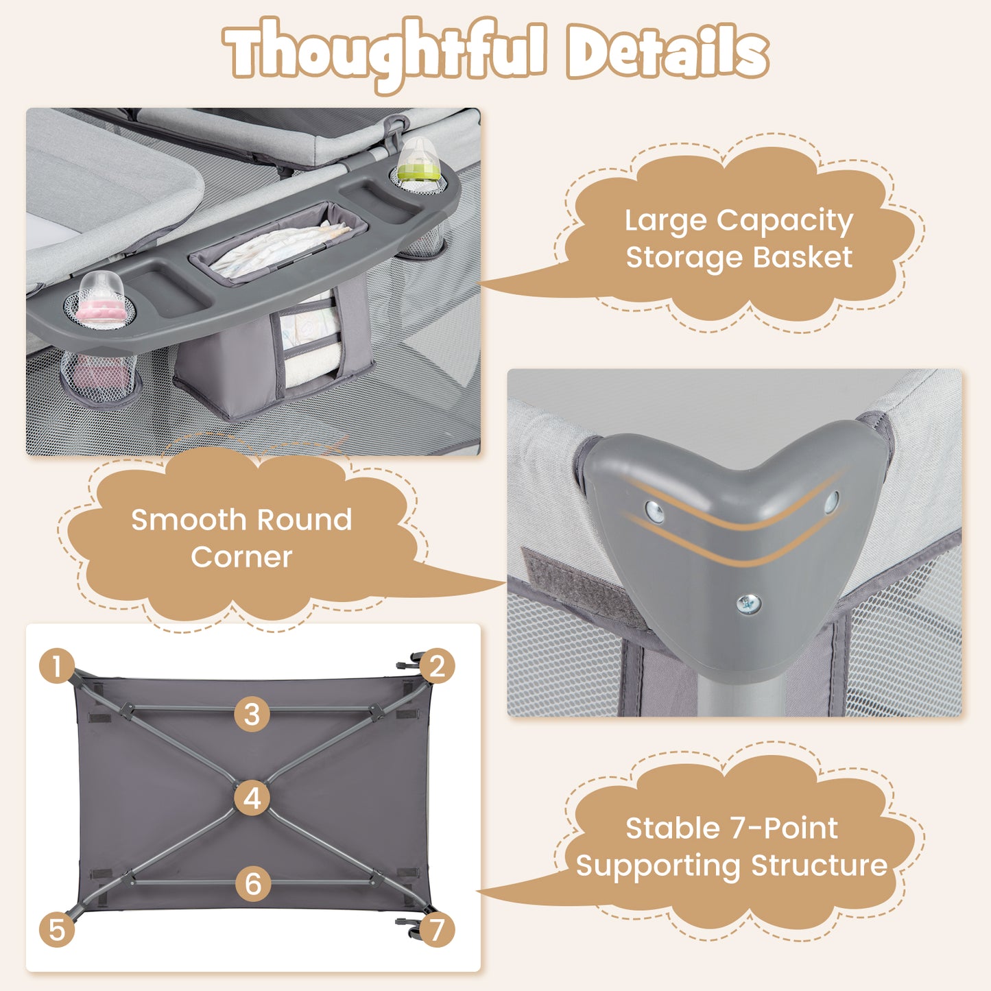 5 in 1 Portable Nursery Center with Bassinet and Cradle-Grey