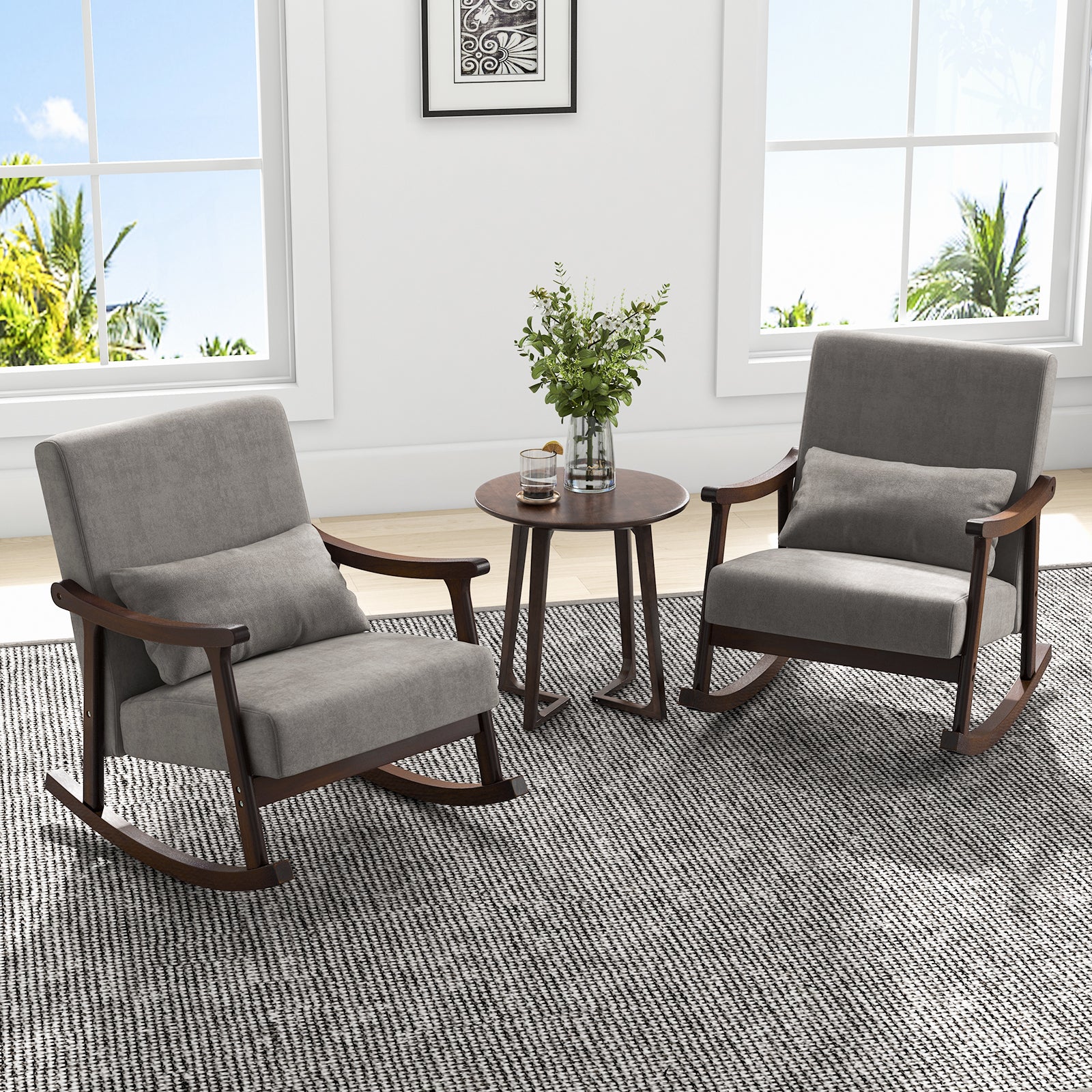 Nursery Rocking Accent Chair Rocker Armchair with Rubber Wood Armrests-Brown