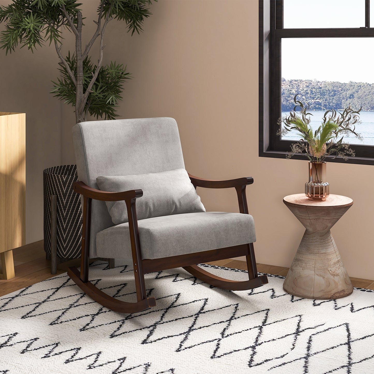 Nursery Rocking Accent Chair Rocker Armchair with Rubber Wood Armrests-Brown