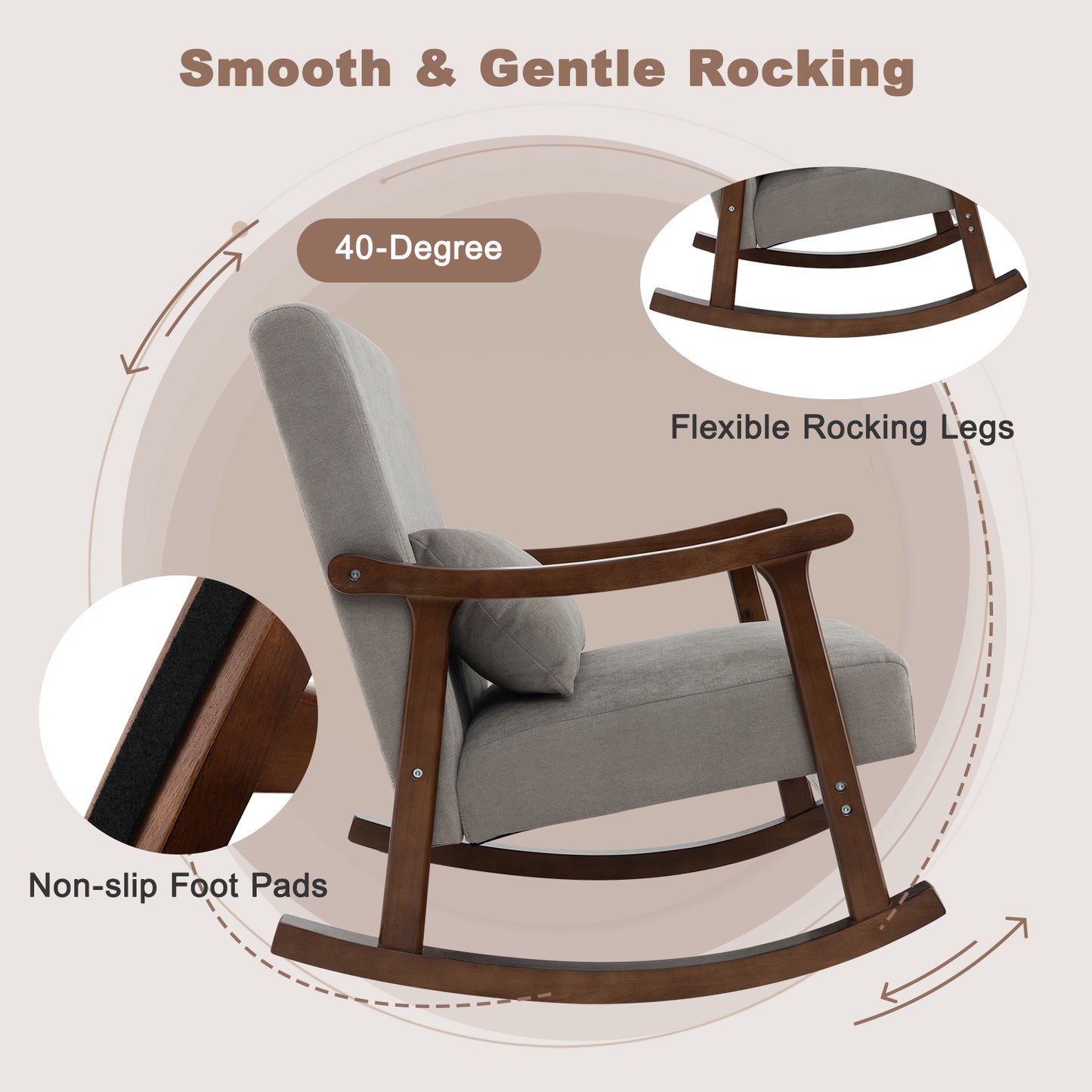 Nursery Rocking Accent Chair Rocker Armchair with Rubber Wood Armrests-Brown