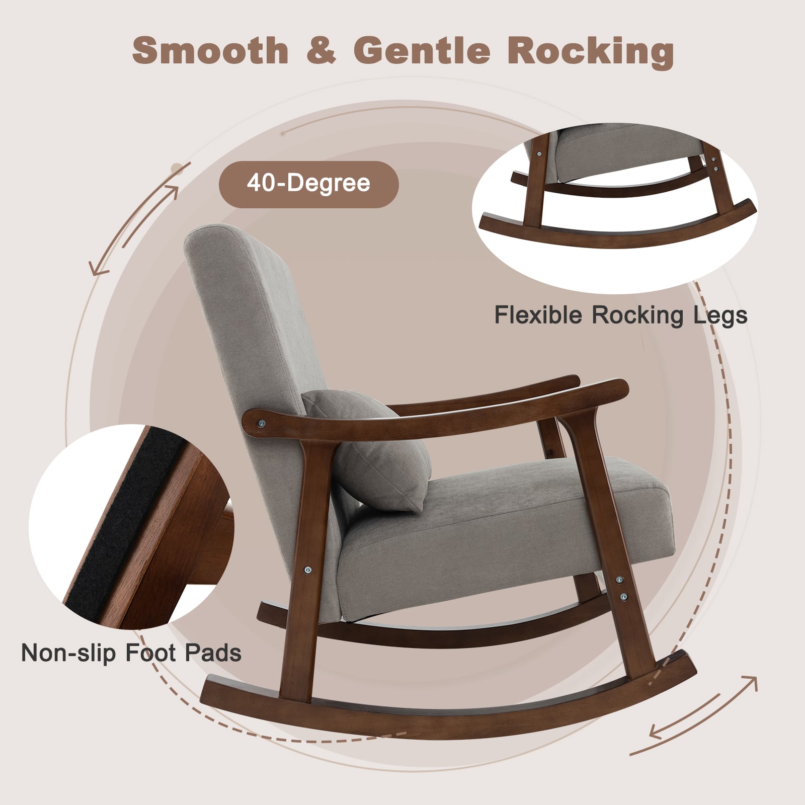 Nursery Rocking Accent Chair Rocker Armchair with Rubber Wood Armrests-Brown