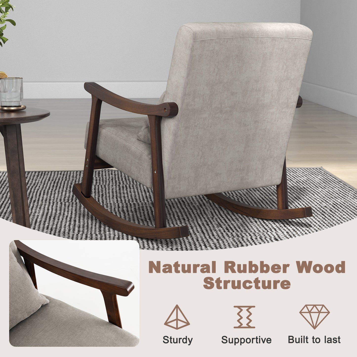 Nursery Rocking Accent Chair Rocker Armchair with Rubber Wood Armrests-Brown