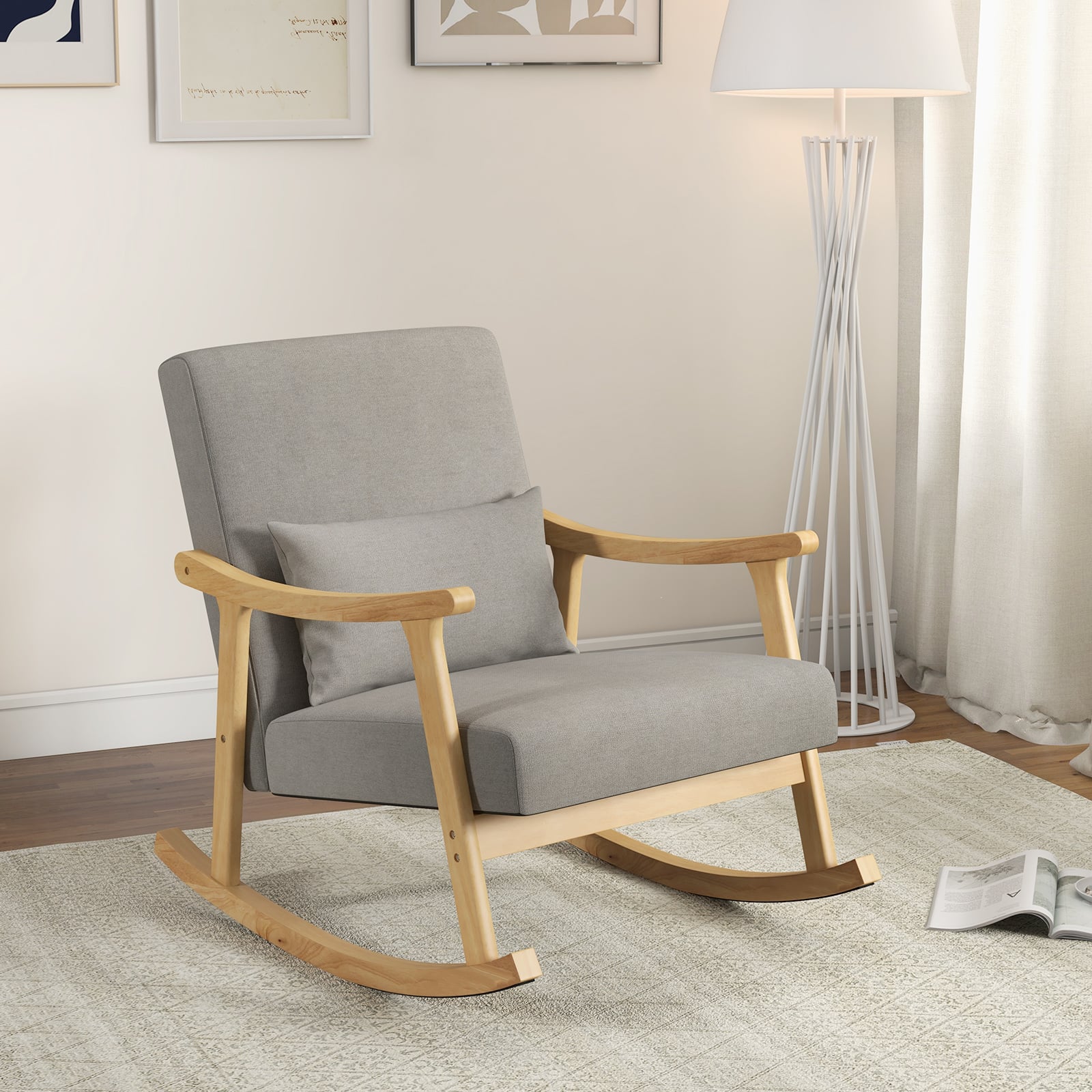 Nursery Rocking Accent Chair Rocker Armchair with Rubber Wood Armrests-Natural
