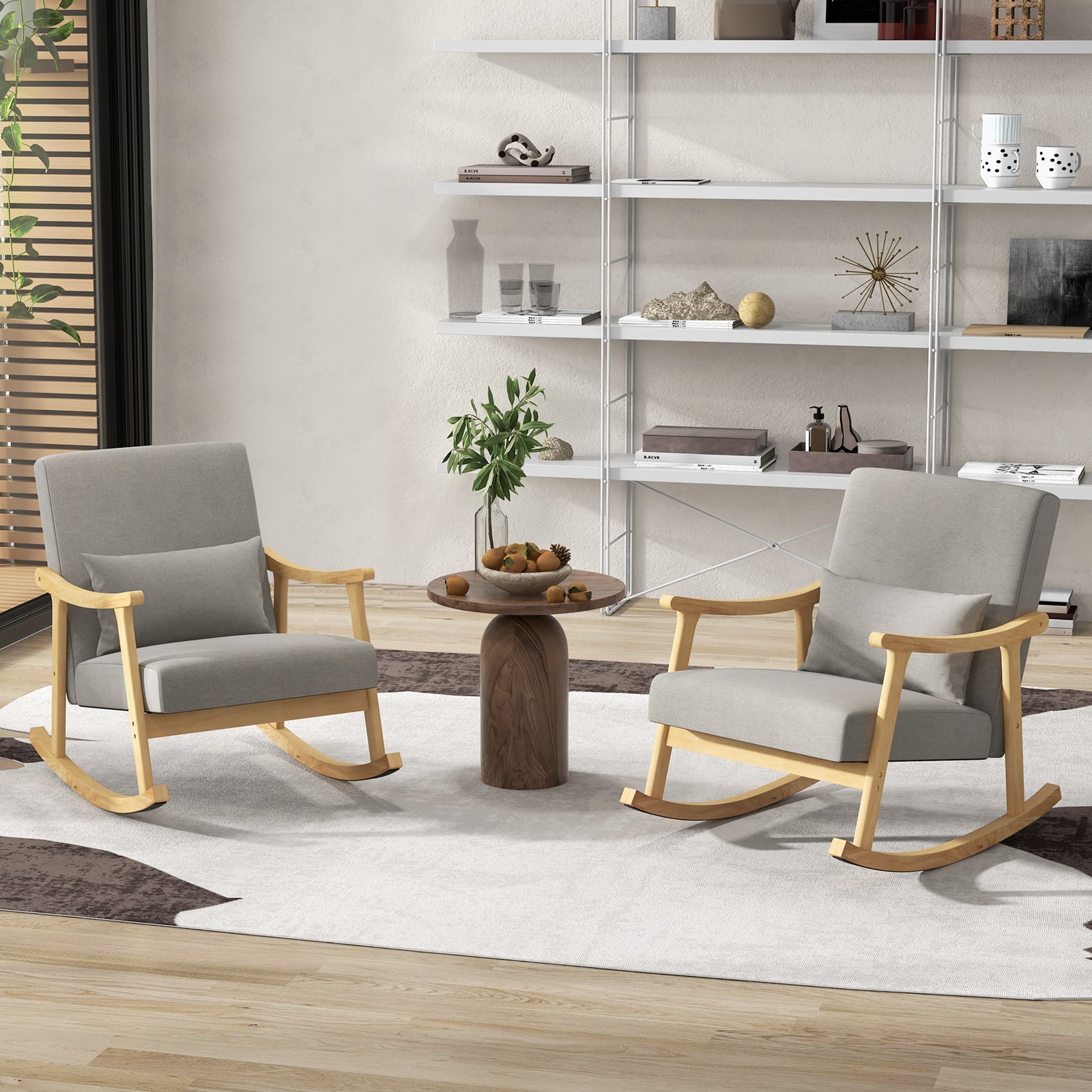 Nursery Rocking Accent Chair Rocker Armchair with Rubber Wood Armrests-Natural