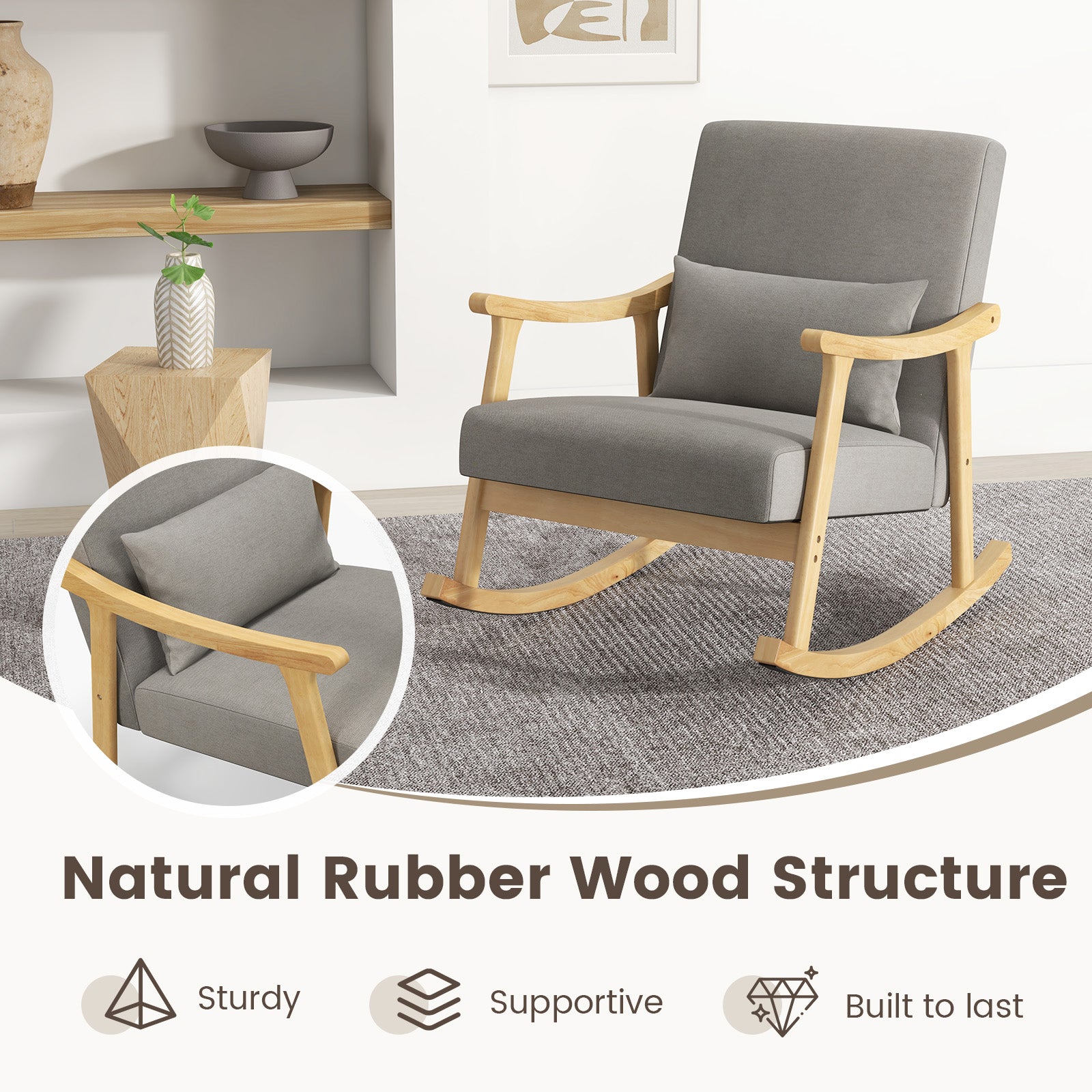 Nursery Rocking Accent Chair Rocker Armchair with Rubber Wood Armrests-Natural