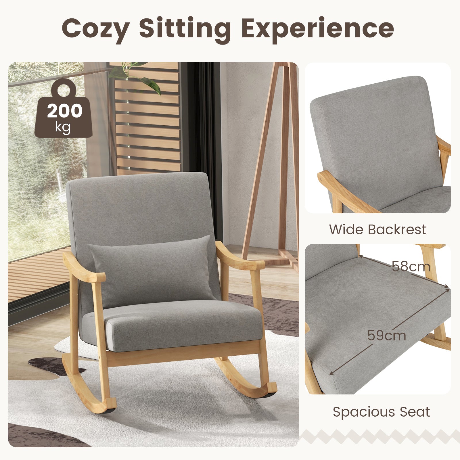 Nursery Rocking Accent Chair Rocker Armchair with Rubber Wood Armrests-Natural