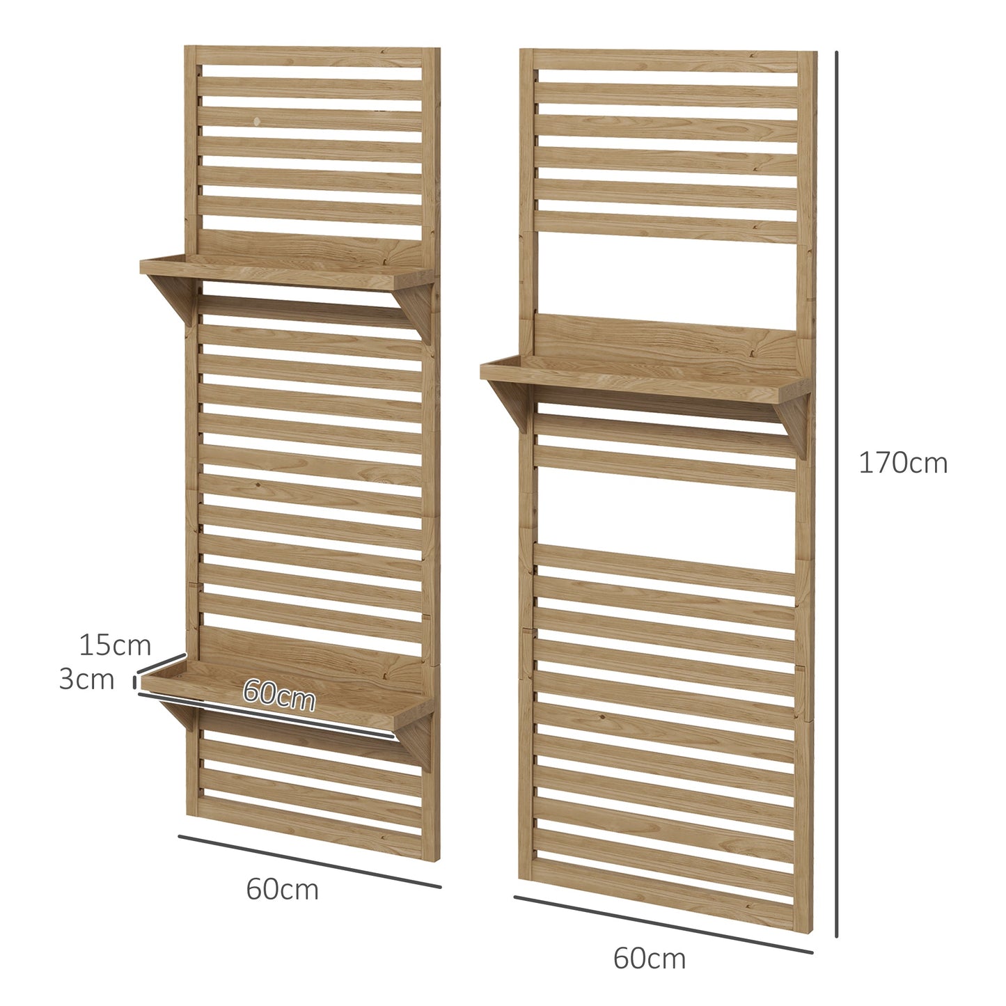 Outsunny Wall Mounted Plant Stands Set of 2, Fir Wood Flower Stand with Shelves and Slatted Trellis for Patio, Balcony, Porch