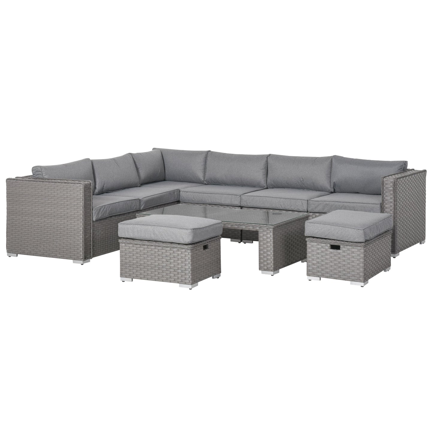 Outsunny 6 Pieces Outdoor PE Rattan Wicker Corner Sofa Set with 10cm Thick Padded Cushions, Aluminium Conservatory Furniture with Glass Top Coffee Table, Footstools, Grey