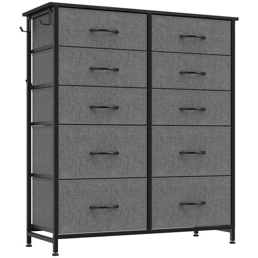 HOMCOM Chest of Drawers, Dresser with 10 Fabric Drawers, Tall Storage Unit with 4 Pockets and 2 Hooks Steel Frame, Grey
