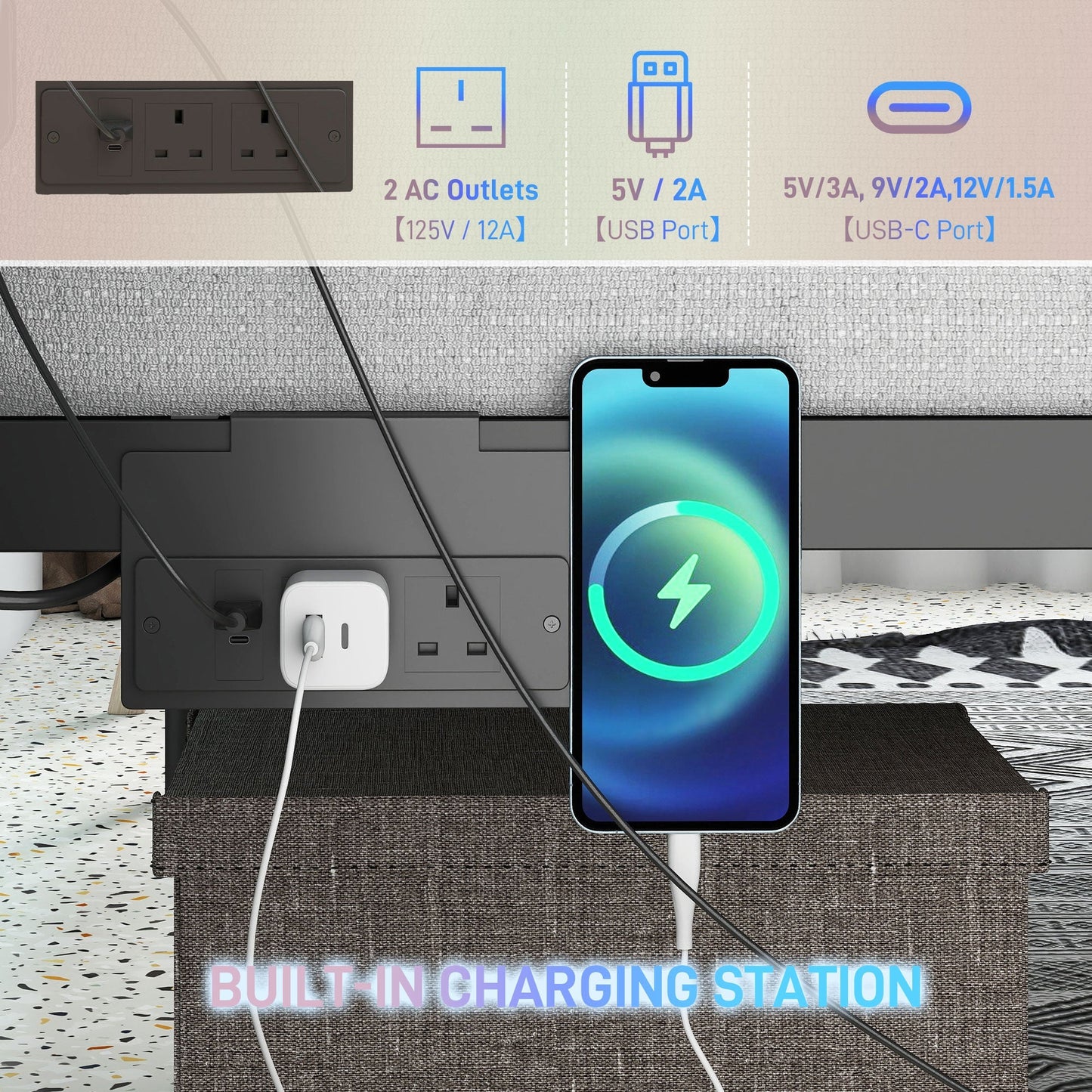 HOMCOM King Bed Frame with LED Lights and Charging Station, Metal Platform Bed Frame with Under Bed Storage, Black